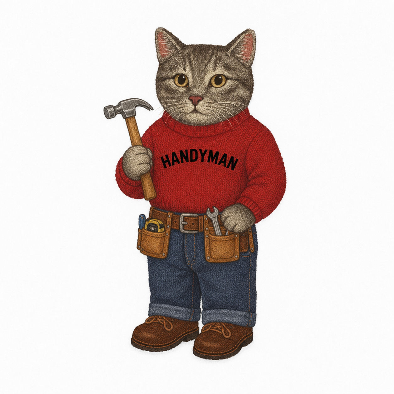 McWorx tabby cat mascot in red sweater and jeans